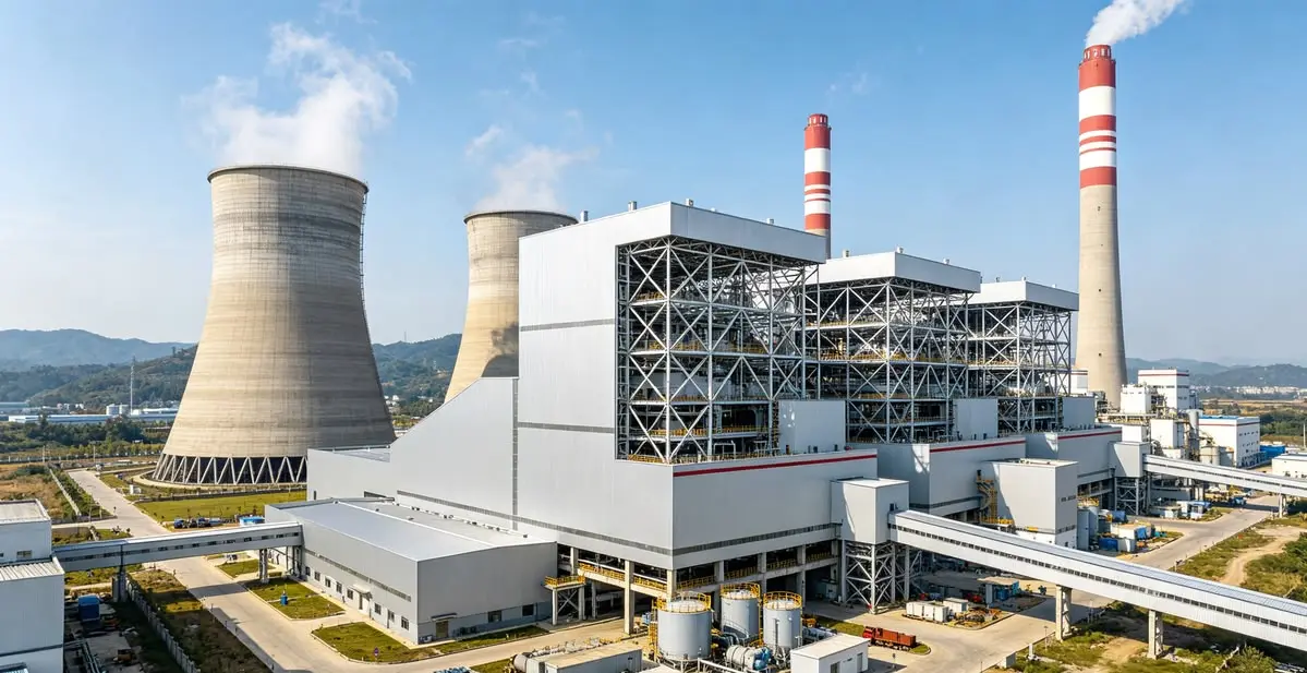 A thermal power station with two cooling towers and red-and-white chimneys